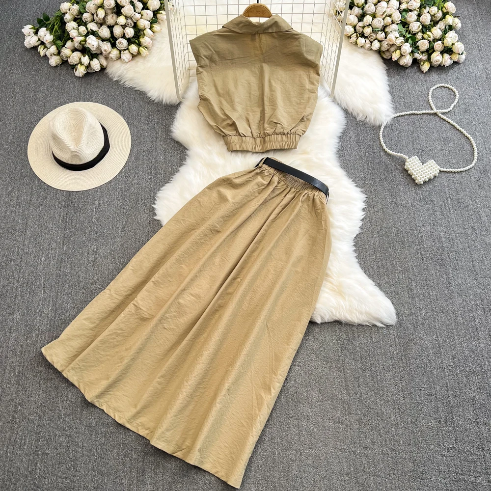 Women Two Piece Skirt Set Polo Neck Sleeveless T Shirt High Waist Drawstring Lace up Shirt Two piece Set High Waist A-line Skirt