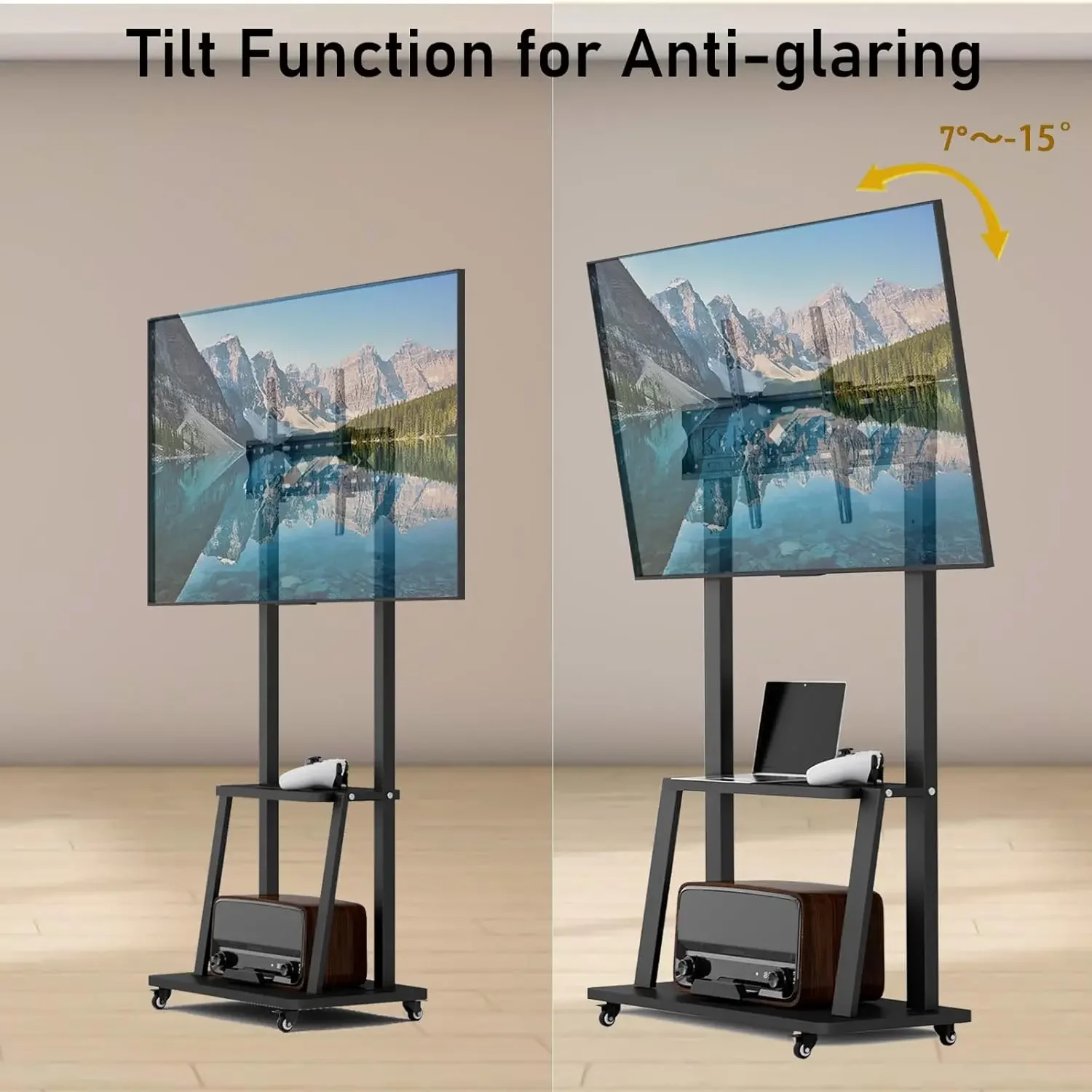 Stand with Wheels for 32-75 inch TV, Portable TV Stand with Shelf,Hight Adjustable,15° Adjustable Viewing