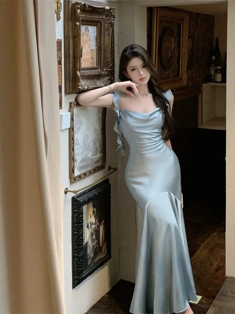 

Элегантное синее атласное вечернее платье без бретелек с завышенной талией, облегающее, с длинной юбкой-русалкой, женственное и изящное