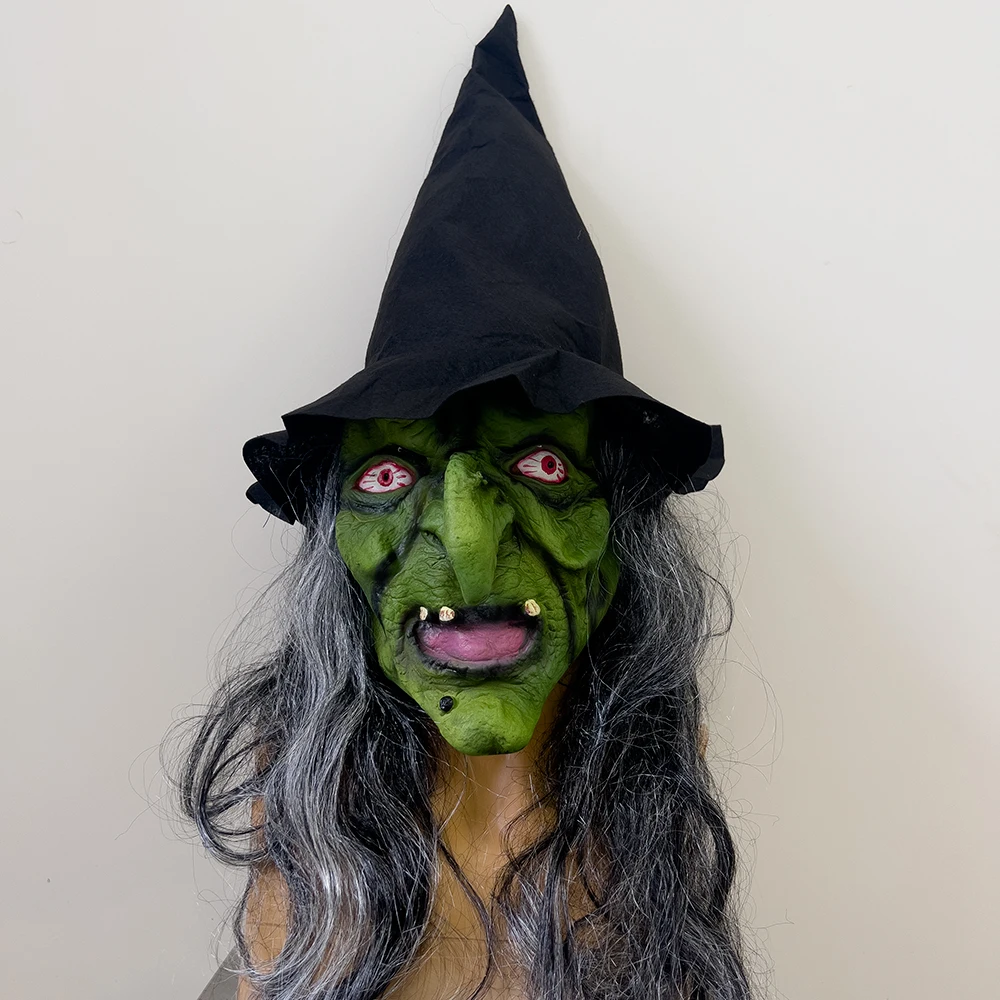 

Halloween witch long hair grimace mask scary mask scary latex head with hat dance performance props