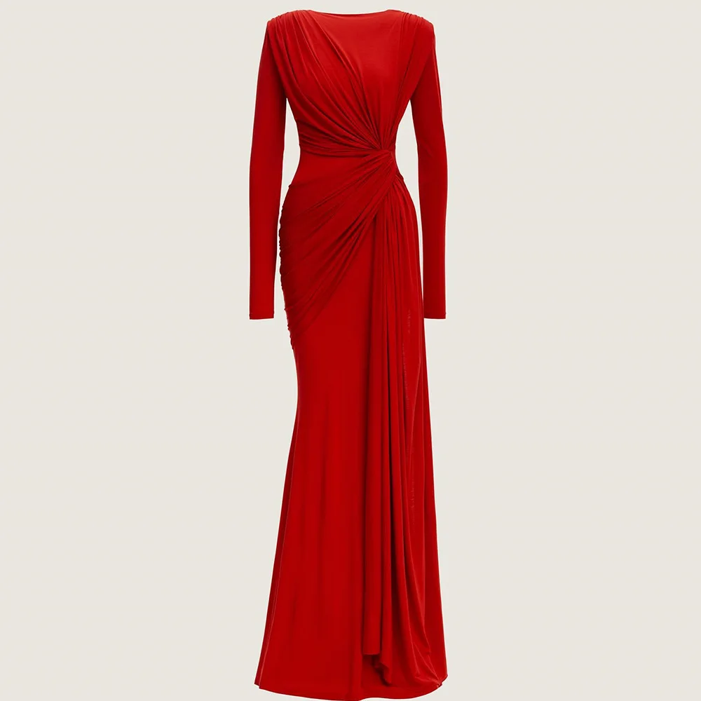 

Customized Formal Mermaid Crew neck Evening Dress Red Jersey Floor Length Zipper Back Long Sleeves Sweep Train فساتين سهره نسائ