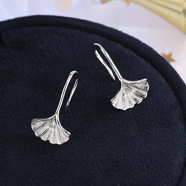 Real 925 Sterling Silver Minimalist Ginkgo Leaf Stud Earrings for Women Party Cute Shiny Fine Jewelry Trendy Plant Accessories