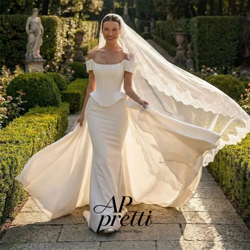 AP pretti Elegant Off The Shoulder Two Piece Mermaid Wedding Dresses For Woman Satin With Train Bridal Gown Customized 2026