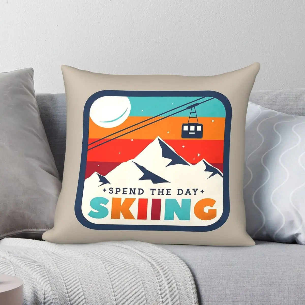 Spend The Day Skiing Retro Badge Square Pillowcase Polyester Linen Velvet Creative Decor Throw Pillow Sofa Seater Cushion Cover