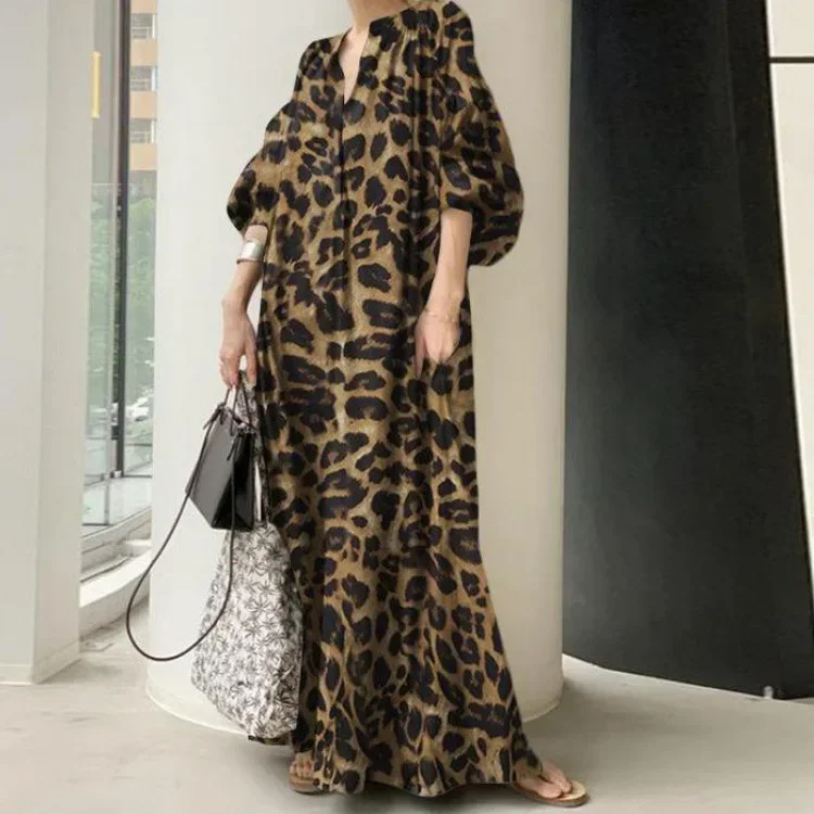 

MODX Japanese and Korean New Leopard Print Standing Neck Bubble Sleeve Fashion Loose Casual Bohemian Shirt Dress