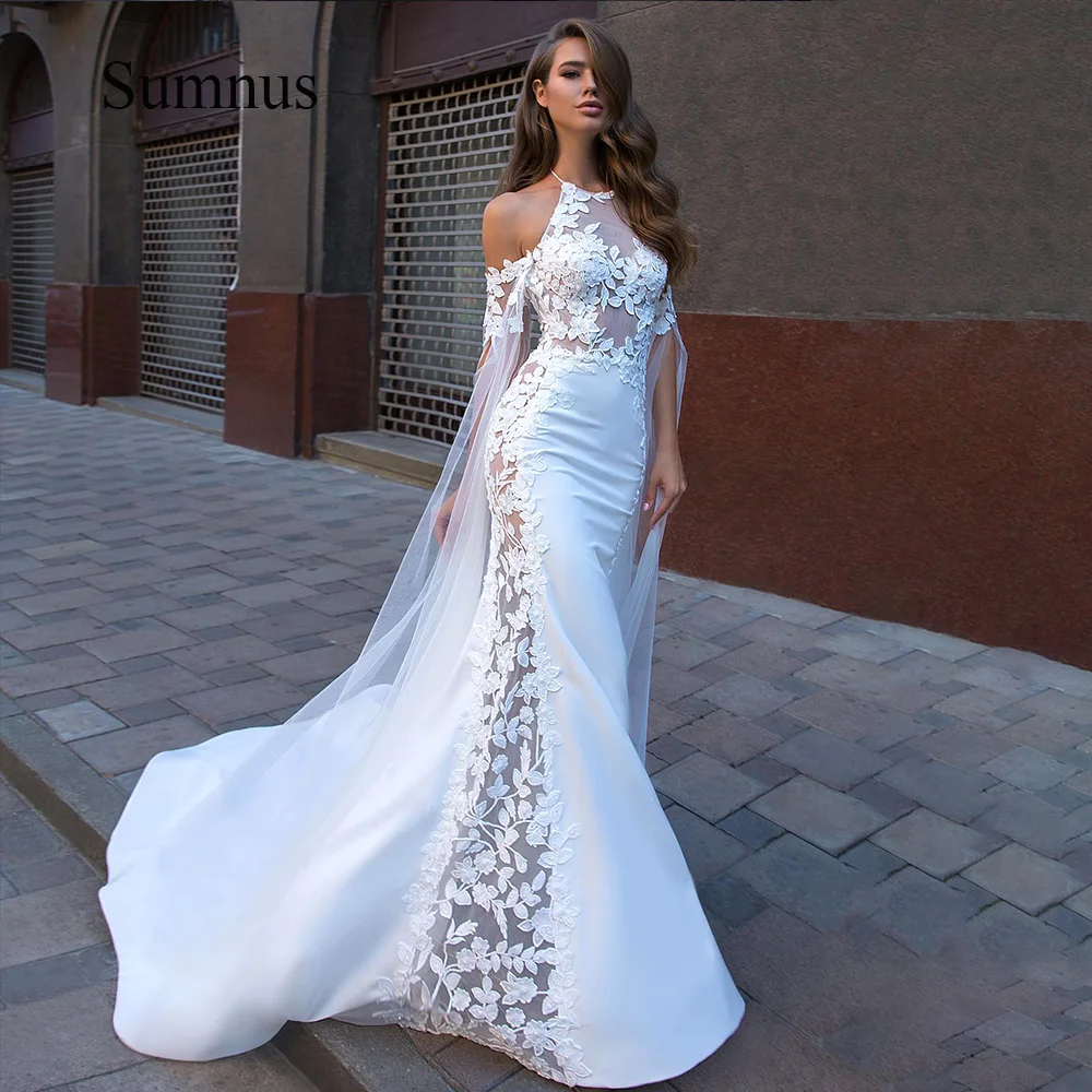 

Sumnus White Satin Halter Mermaid Wedding Dresses Appliques With Cape Illusion Tulle Sexy Bridal Gowns With Train Custom Made