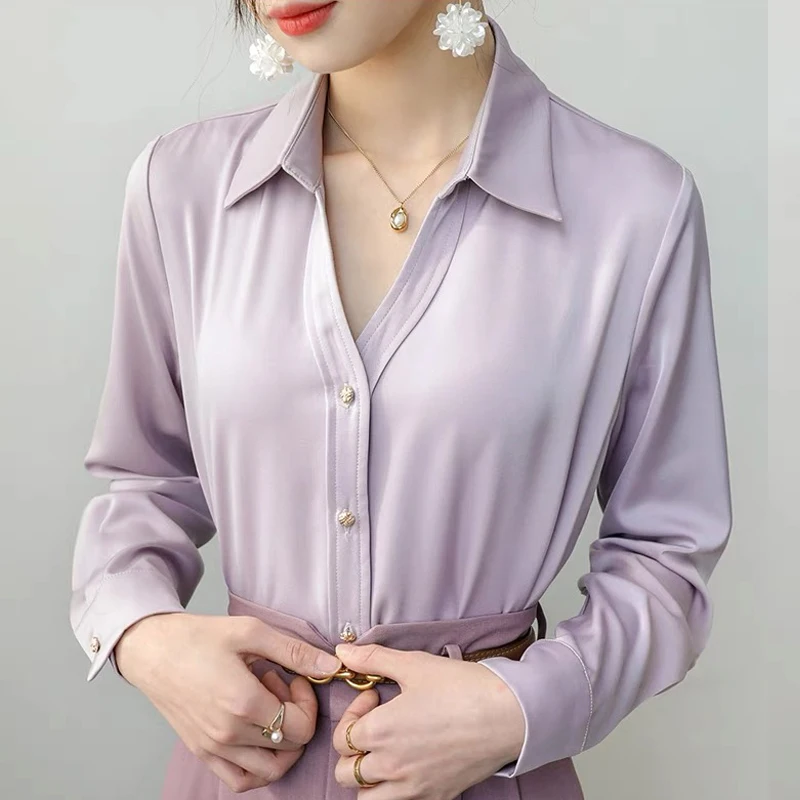 

Purple Satin Silk Shirt Women Blouse Elegant OL Long Sleeved Top Fashion Solid Color Basic Work Shirt Black White Purple
