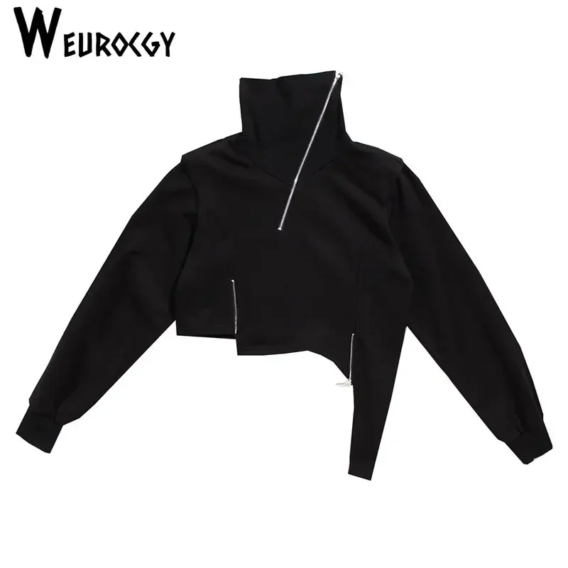 Loose Fit Oblique Zipper Irregular Sweatshirt 2023 Spring And Autumn New Turtleneck Long Sleeve Hem Reduce The Waist Women Tops