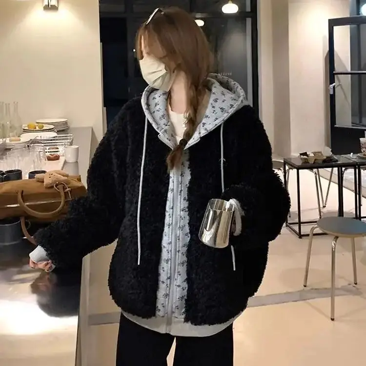 

Korea Fake Two-Piece Patchwork Floral Hooded Lamb Wool Jacket Women Autumn Winter New Long-Sleeved Cardigan Top