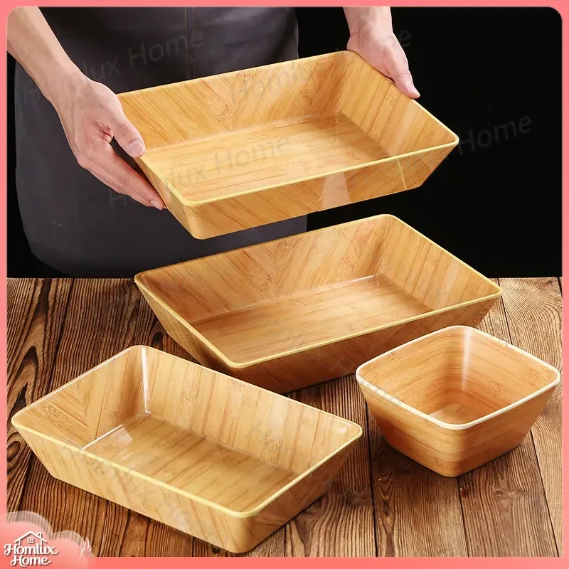 Melamine Rectangular Vegetable Plate Wood Grain Design Hot Pot Restaurant Serving Tray Bamboo Grain Sukiyaki Platter