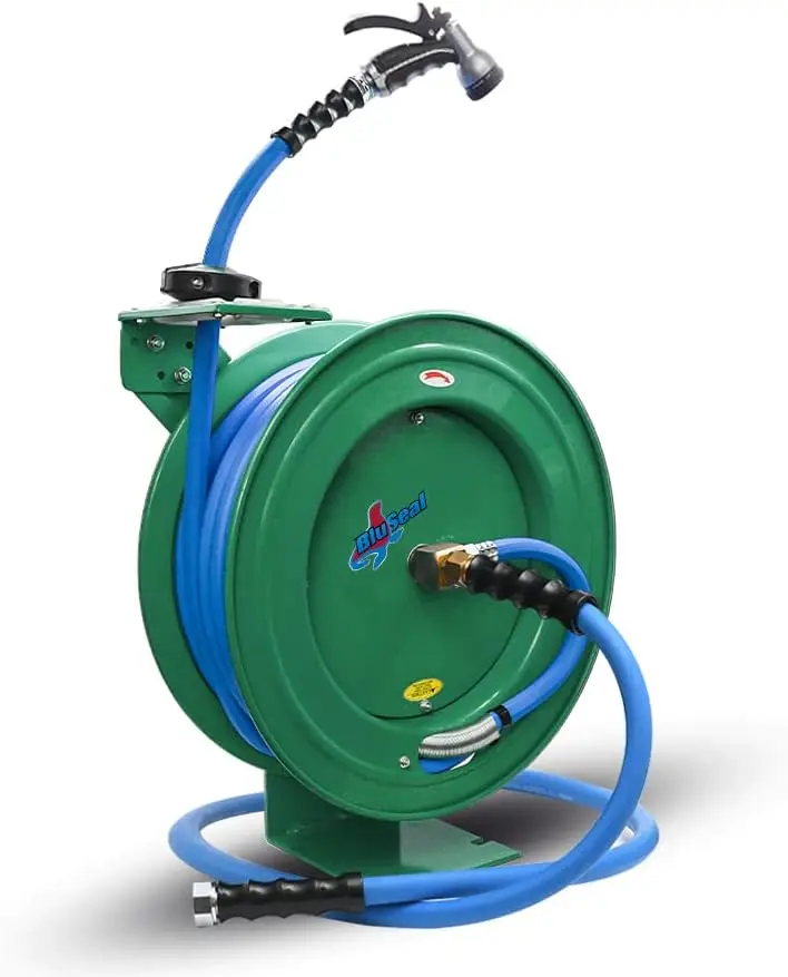 

Auto Retractable Water Hose Reel with Hot & Cold Water Rubber Garden Hose, Spray Nozzle - Ultra Light, Super Strong with 6' Lead