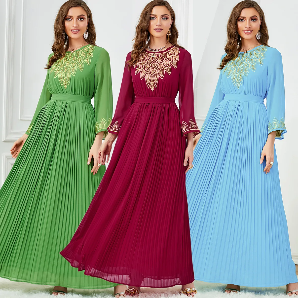 Fashion Kaftan Abaya Dubai Islam Muslim Embroidery Crimping O-neck A-Line Long-sleeved Dresses With Belt Robe Jalabiya