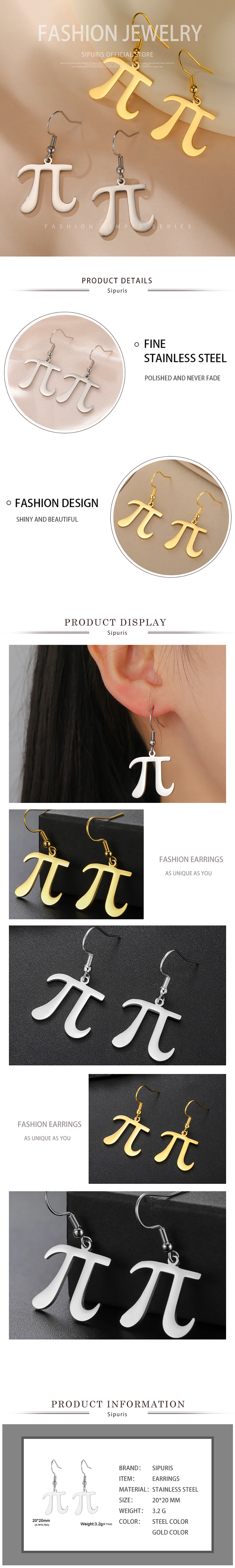 Sipuris Mathematische Symbol-Ohrhänger aus Edelstahl, Ohrstecker für Damen, Modeschmuck, Accessoires, Geschenk – Detail 5