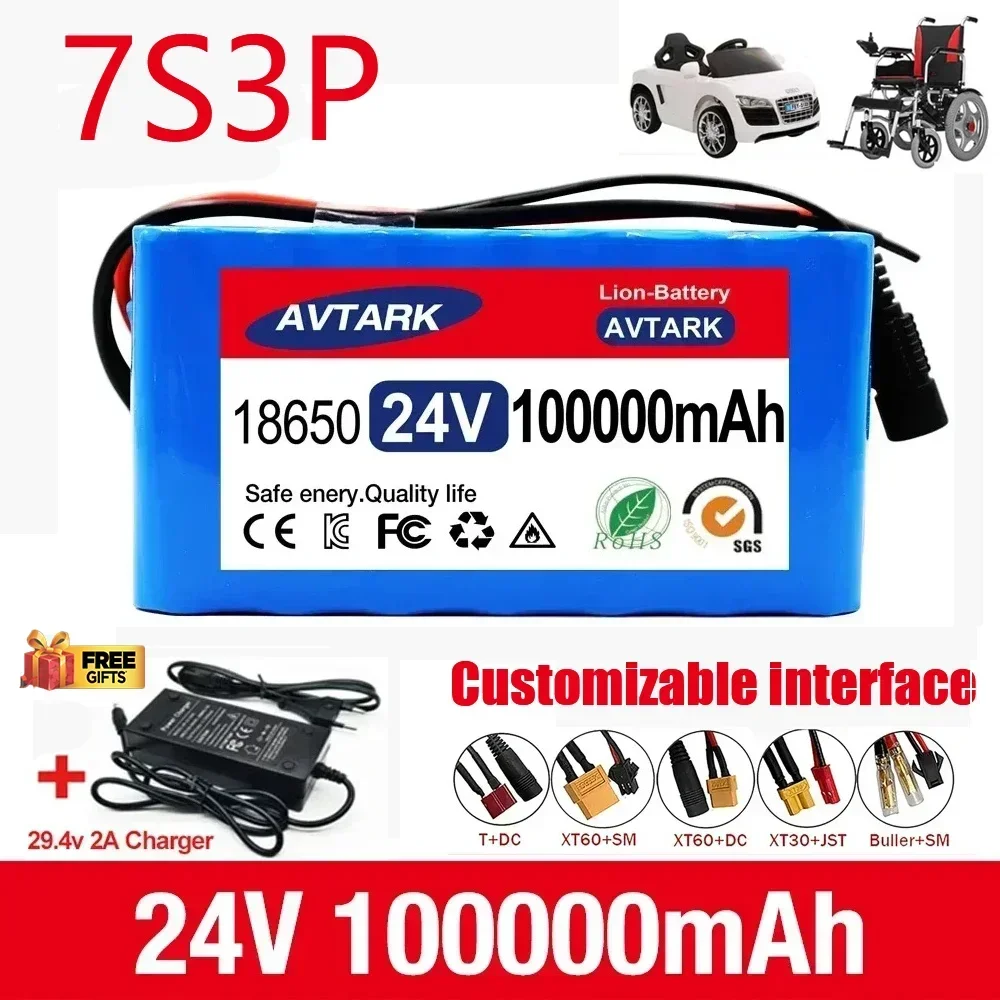 

AVTARK 2024 NEW 24V 7S3P 18650 Lithium-Ion Battery Pack 100Ah with 20A Balanced BMS for Scooter Electric Wheelchair + 2A Charger