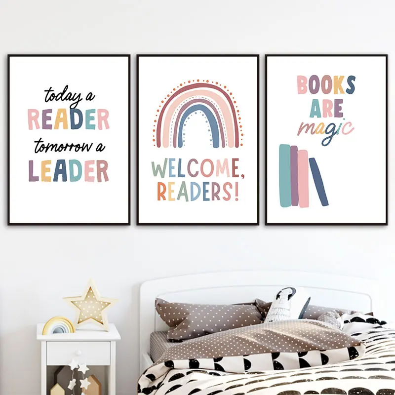 Modern Readers Today Leaders Tomorrow Quotes Canvas Poster Colorful  Books Pattern Picture for Home Kids Room Wall Decor