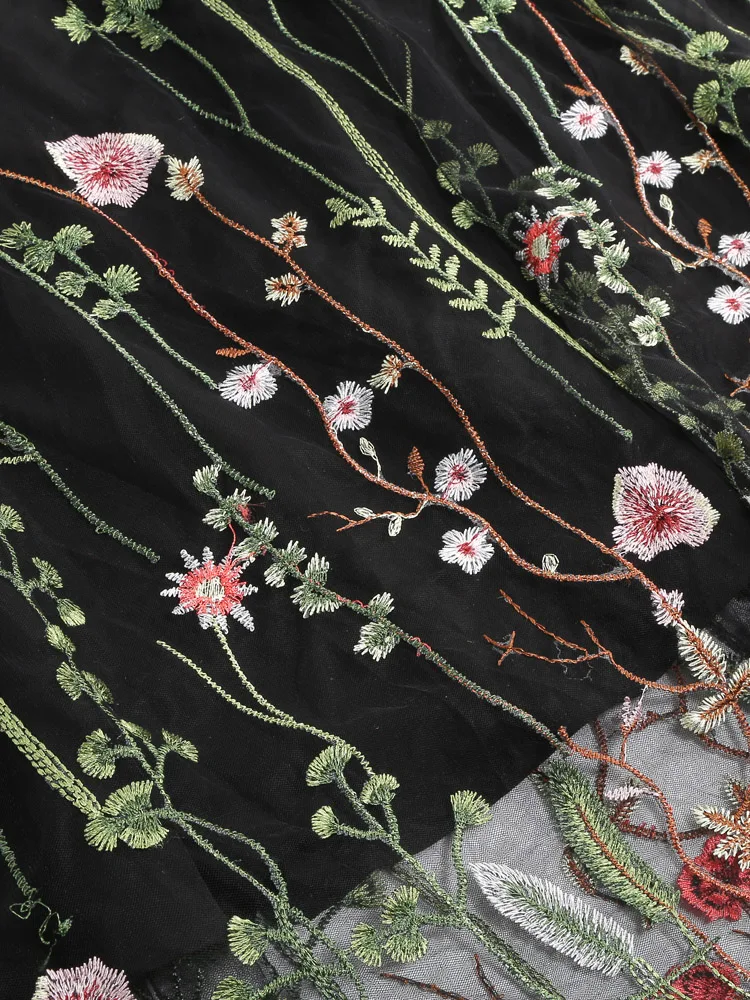 Tonval Floral Embroidered Mesh Overlay Lined Long Skirt Elastic Waist Women Elegant Festival Outfit Summer Vintage Skirts