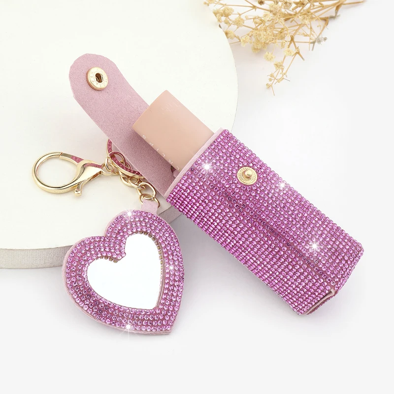 5pcs Bag Parts Women PU Lipstick Holder Hot drilling Keychain With Mirror