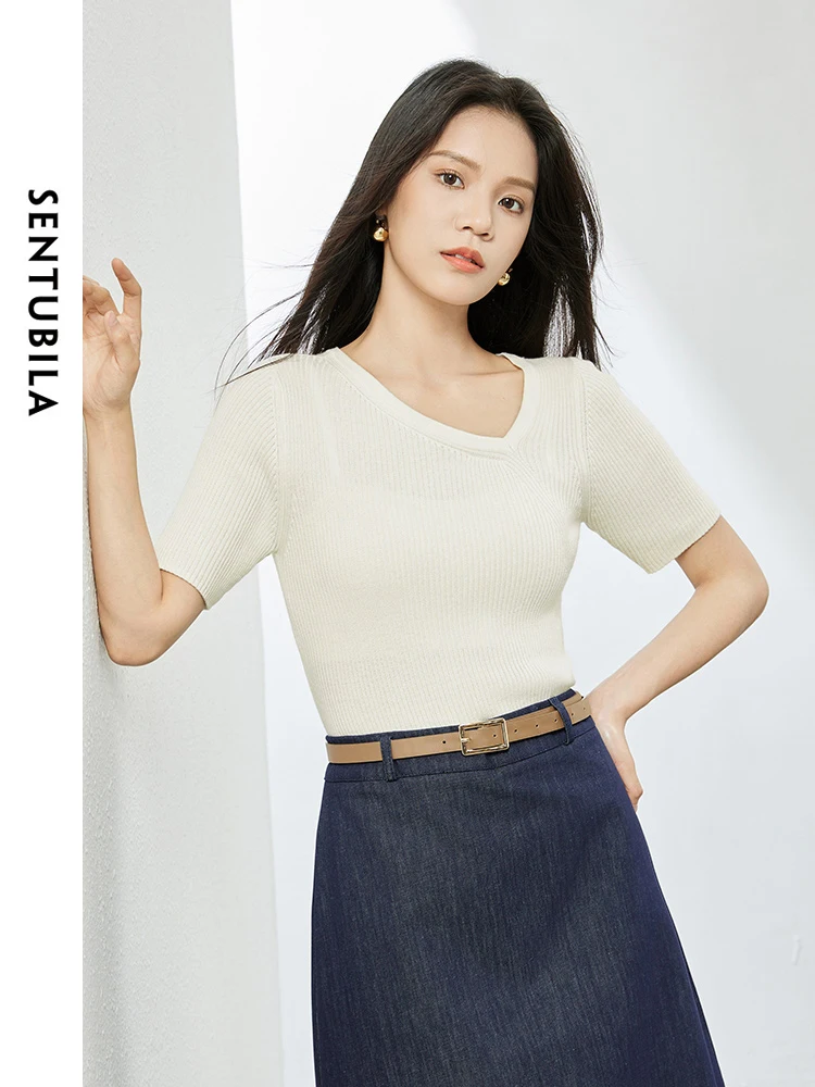 

SENTUBILA Women V-neck Slim Summer Sweater Short Sleeve Knit Tops 2024 Spring Summer Knitted Sweater Female Knitwear W42H53290