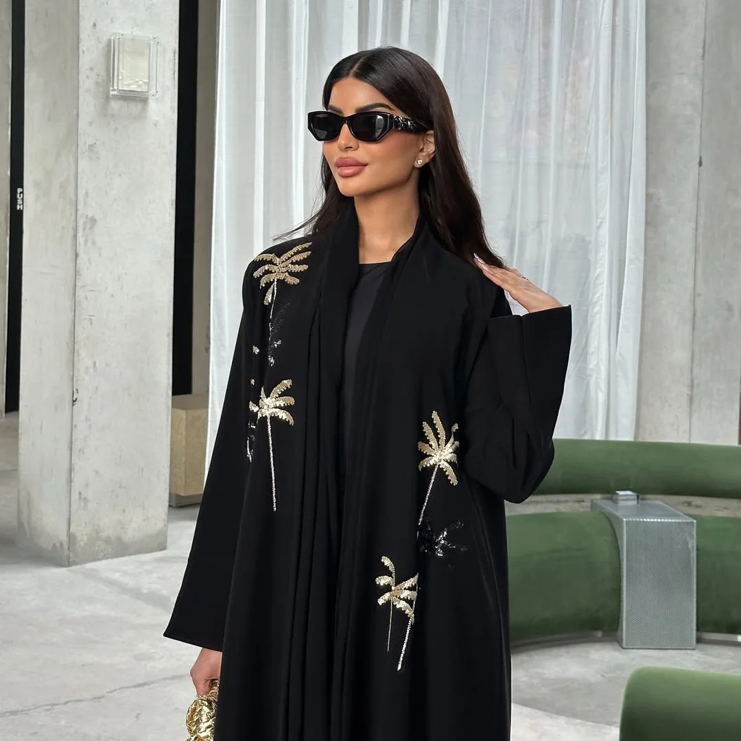 

Islamic Ramadan Summer New Modest Muslim Luxury Fashion Women's Wear Bead Embroidered Black Long Dress Outerwear