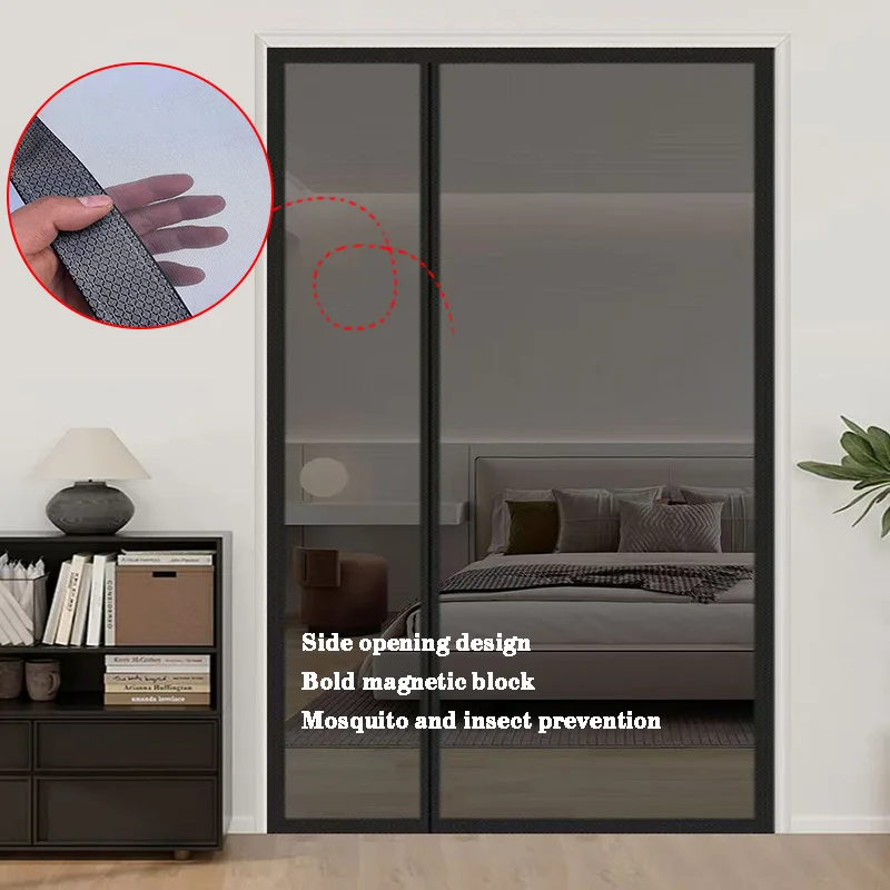 Black side opening mosquito proof door curtain, magnetic suction design, invisible mosquito proof, self installing without punch