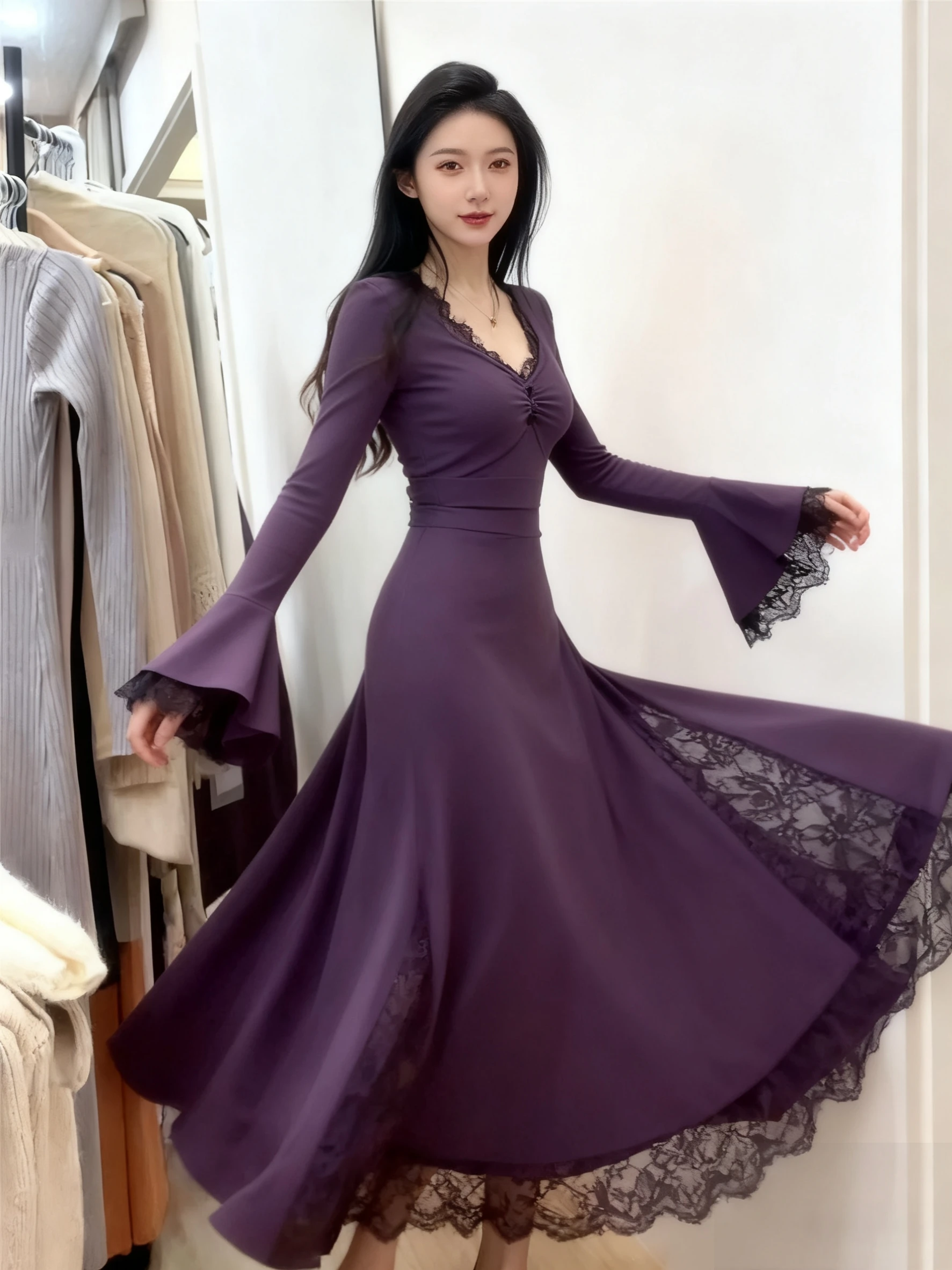 เดรสแขนยาวสำหรับผู้หญิง แต่งลายปัก ผ้ากำมะหยี่ ทรงไบค์เกอร์ สม็อค ช่วงเอวเข้ารูป ทรงเอไลน์ สไตล์กรันจ์ อุ่นสบาย ดีไซน์ศิลปะ