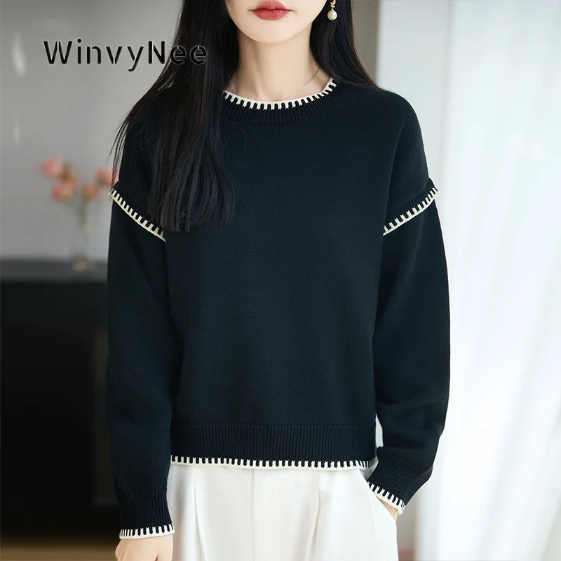WinvyNee Women Contrast Stitch Trim Knit Pullover 100% Cotton Crew Neck Long Sleeve Jumper Top Autumn Winter Loose Fit ZA1892019