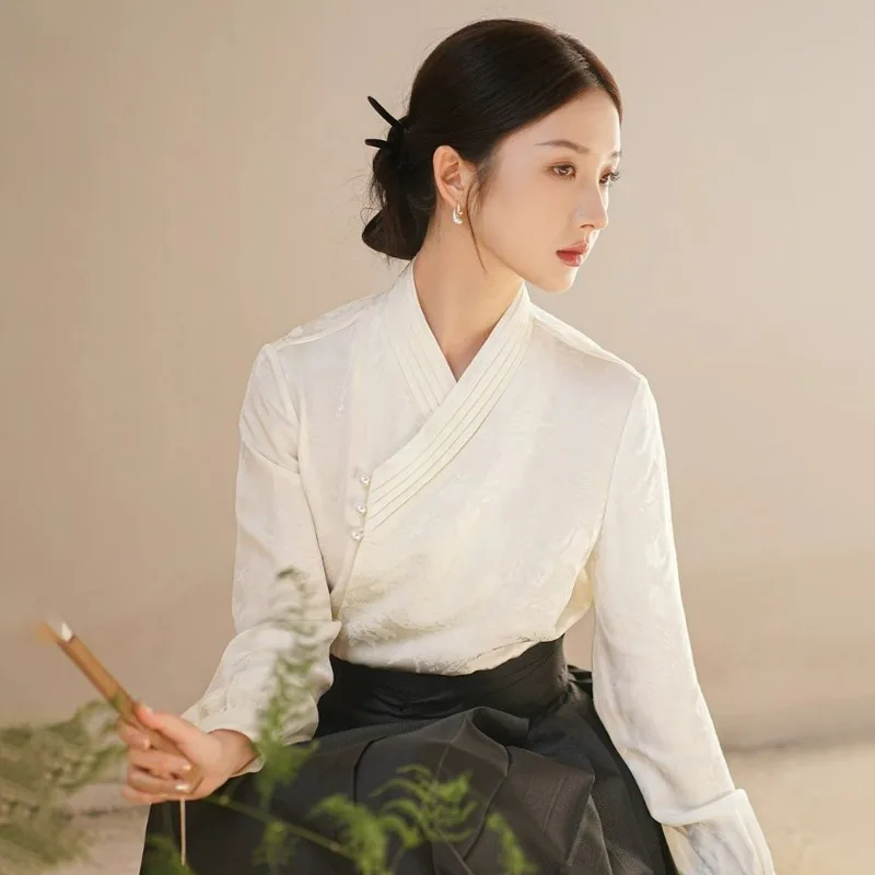 Women Autumn Chinese Style Elegant White Long Sleeve Shirts Women Clothes Solid Color All-match Temperament Skirt Two Piece Set