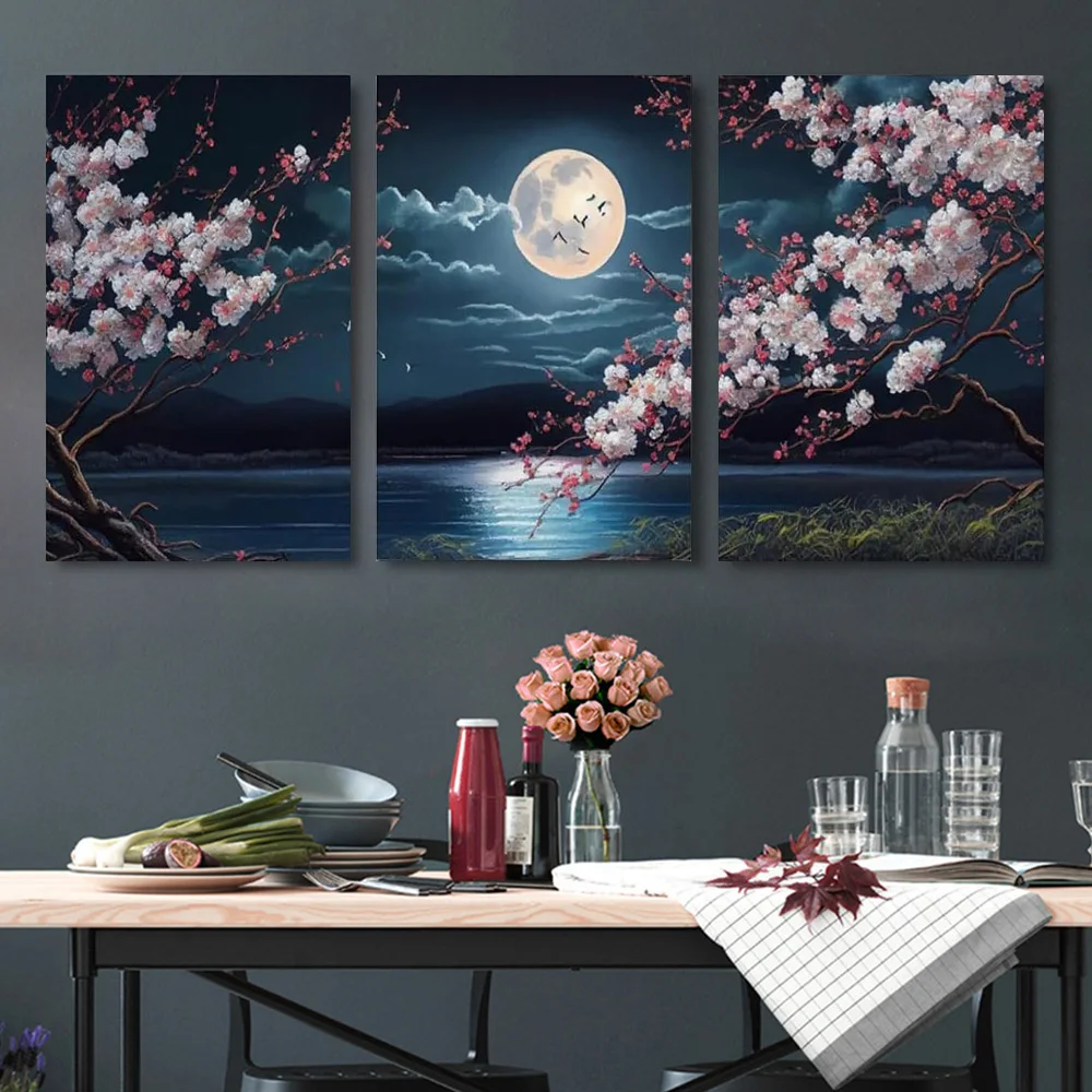 Japanese Cherry Blossom Moon Lake Landscape Canvas Painting Wall Art Set of 3 Aesthetics Poster and Print Living Room Home Decor