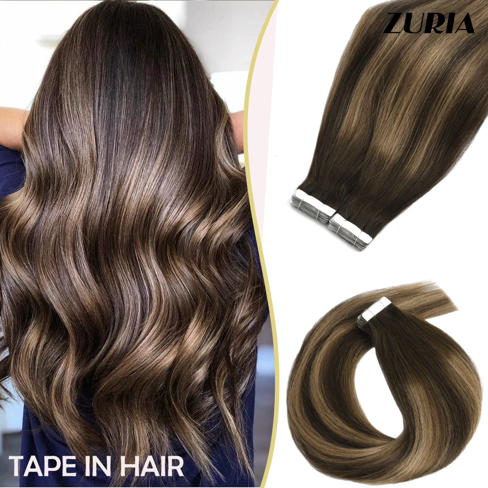 

ZURIA Tape in hair Extensions Human hair Straight Machine Remy European 100% Natural Invisible Seamless Skin Weft For Salon