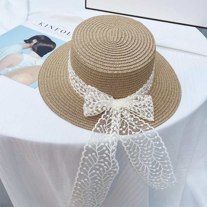 Women\'s Summer Seaside Sun Shading Straw Hat Holiday Outing Wide Brim Cap Beach Weaving Anti-ultraviolet Sun Hat Bow Caps