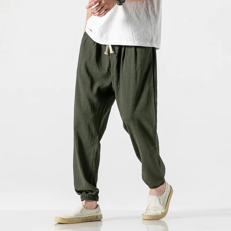 

Korean Linen Pants Men Baggy Summer Men Jogger Cotton Work Trousers Spring Casual Loose Harem Pants Drawstring Yoga Streetwear