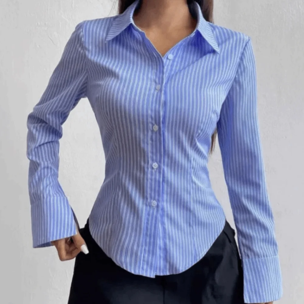 

Classic Striped Long Sleeved Blouse Patchwork Single-breasted Stripe Shirts for Women V-neck Simple Retro Chic Tops