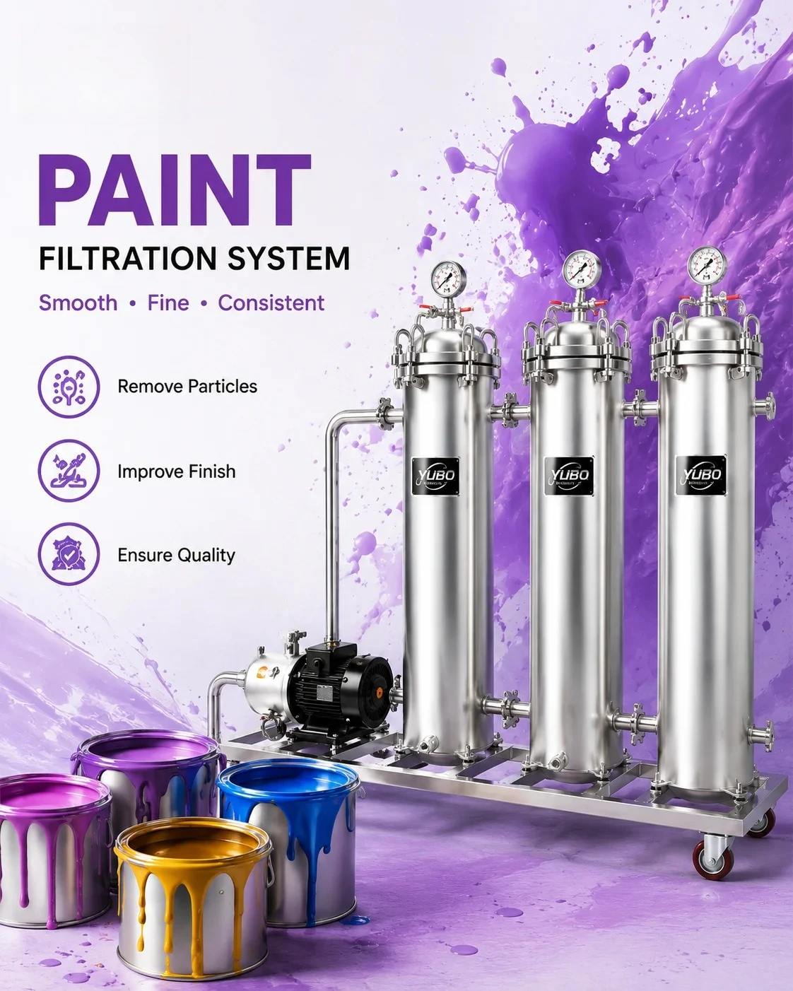 Industrial Three Stage Liquid Filter with Pump Stainless Steel Multi Housing Filtration System for Beverage Paint Oil Processing