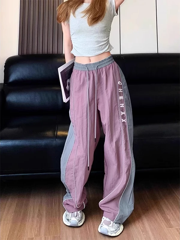 

American Sle Color Blo Casual Pants Men's Summer Dstring Elastic Waist Wide Leg Long Trousers Loose Fit Straight Leg