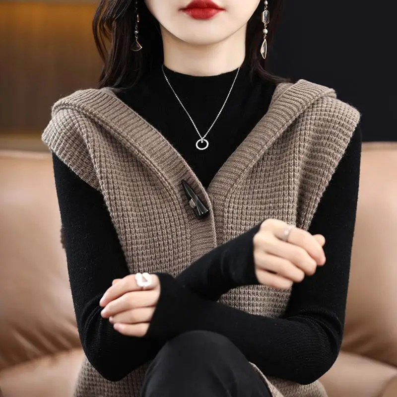 

Chic Long Knitted Hooded Vest Women's Autumn Versatile Sweater Half Shoulder Open Cardigan Coat Commute Style Button Closure