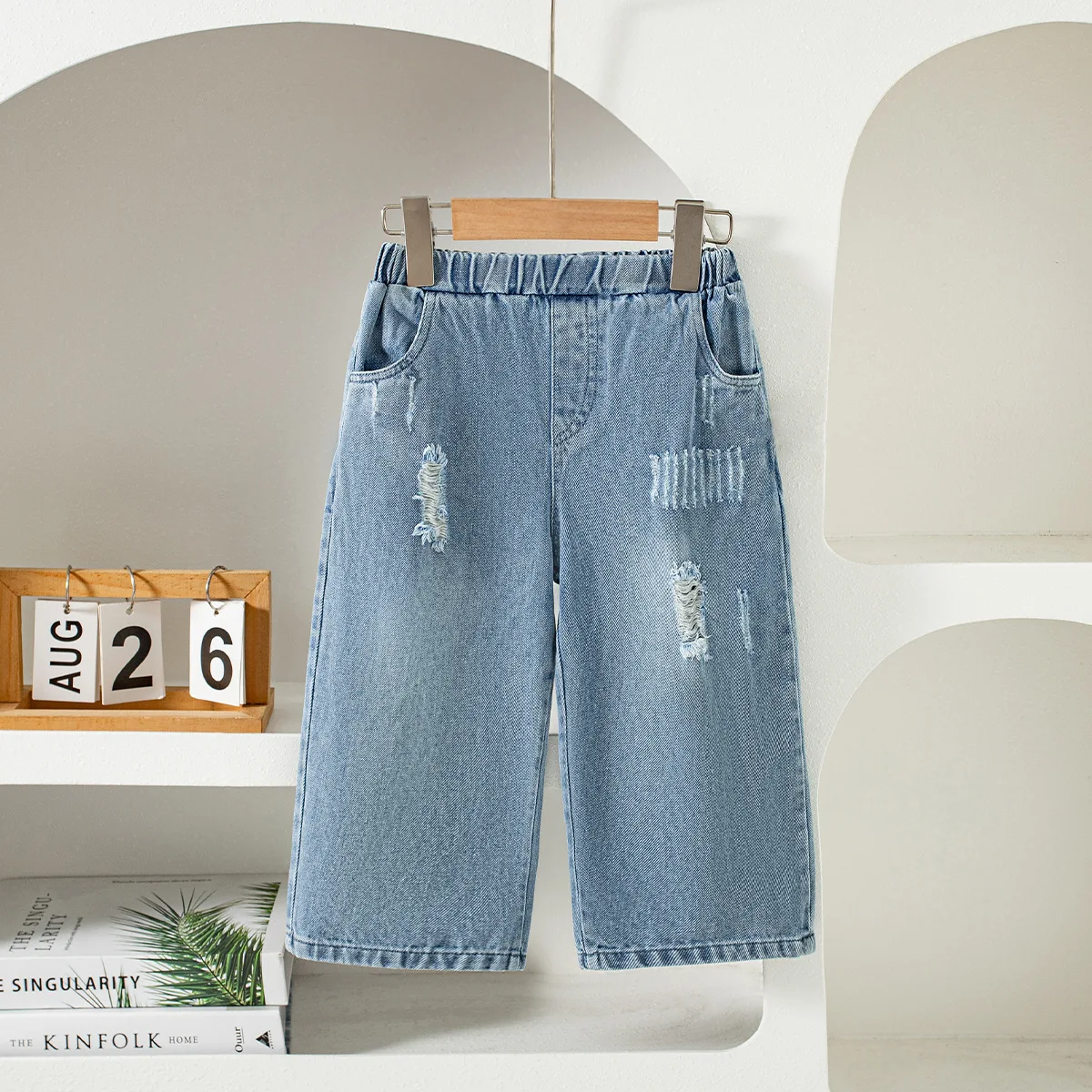 

2026 Summer New Children Thin Denim Trousers Fashion Girls Ripped Jeans Baby Loose Wide-leg Pants Solid Kids Casual Pants