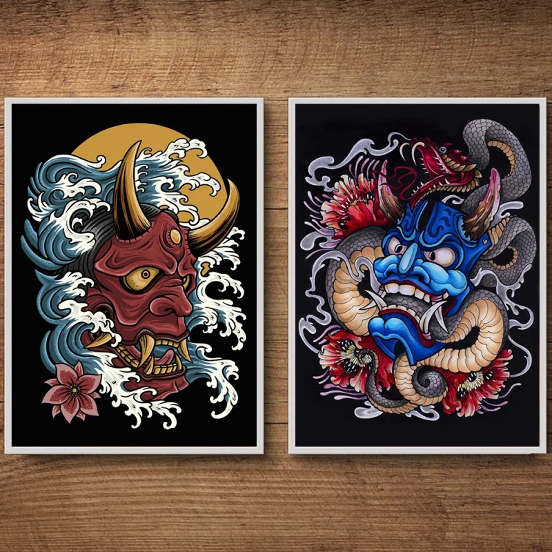 Cuadro sin marco de arte de pared de la cultura japonesa, pósteres e impresiones de aceite sobre lienzo HD con diseño de cara de diablo y colmillos, decoración para el hogar, sala de estar y dormitorio, 1 unidad