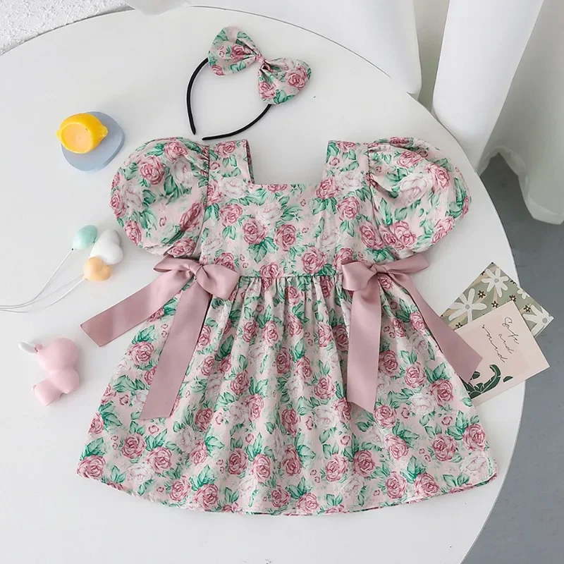 New Summer Family Matching Outfits Short Puff Sleeves Bodysuit+Floral Square Collar Princess Dress Twins Girl Clothes H4408