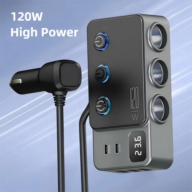 

Автомобильное зарядное устройство с несколькими портами, высокомощное автомобильное зарядное устройство, сверхбыстрая зарядка, 120 Вт, независимые переключатели «один-три», дисплей напряжения