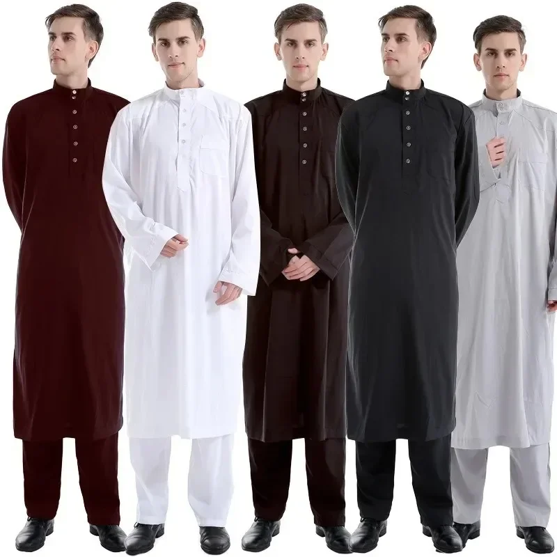 Jubah Muslim kostum Arab pria Thobe Ramadan kostum Solid Arab Saudi Arabia Lebaran Turki Abaya pakaian Islami nasional pria