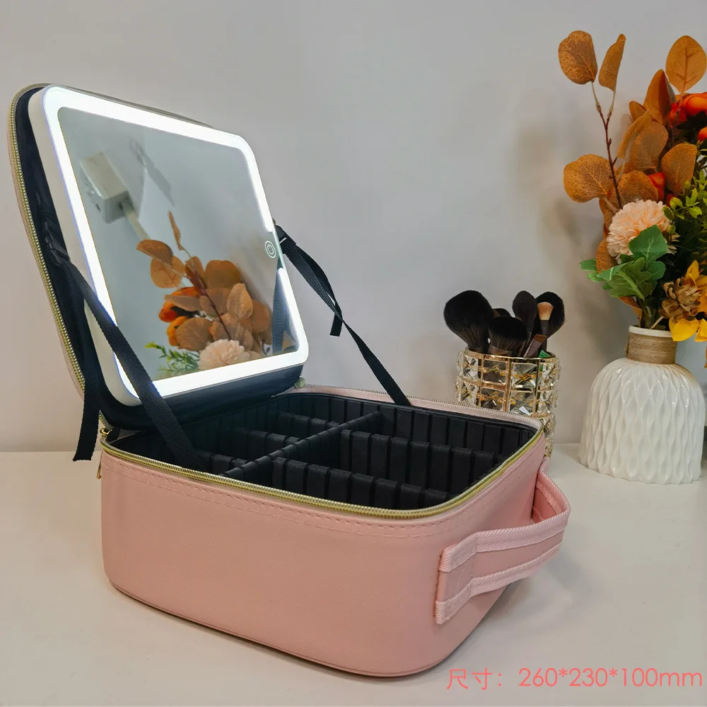 

Leather Travel Storage Bag with LED Light Large Capacity Waterproof Makeup Organizer Fill-light Mirror Gift for Girl Pink&Black