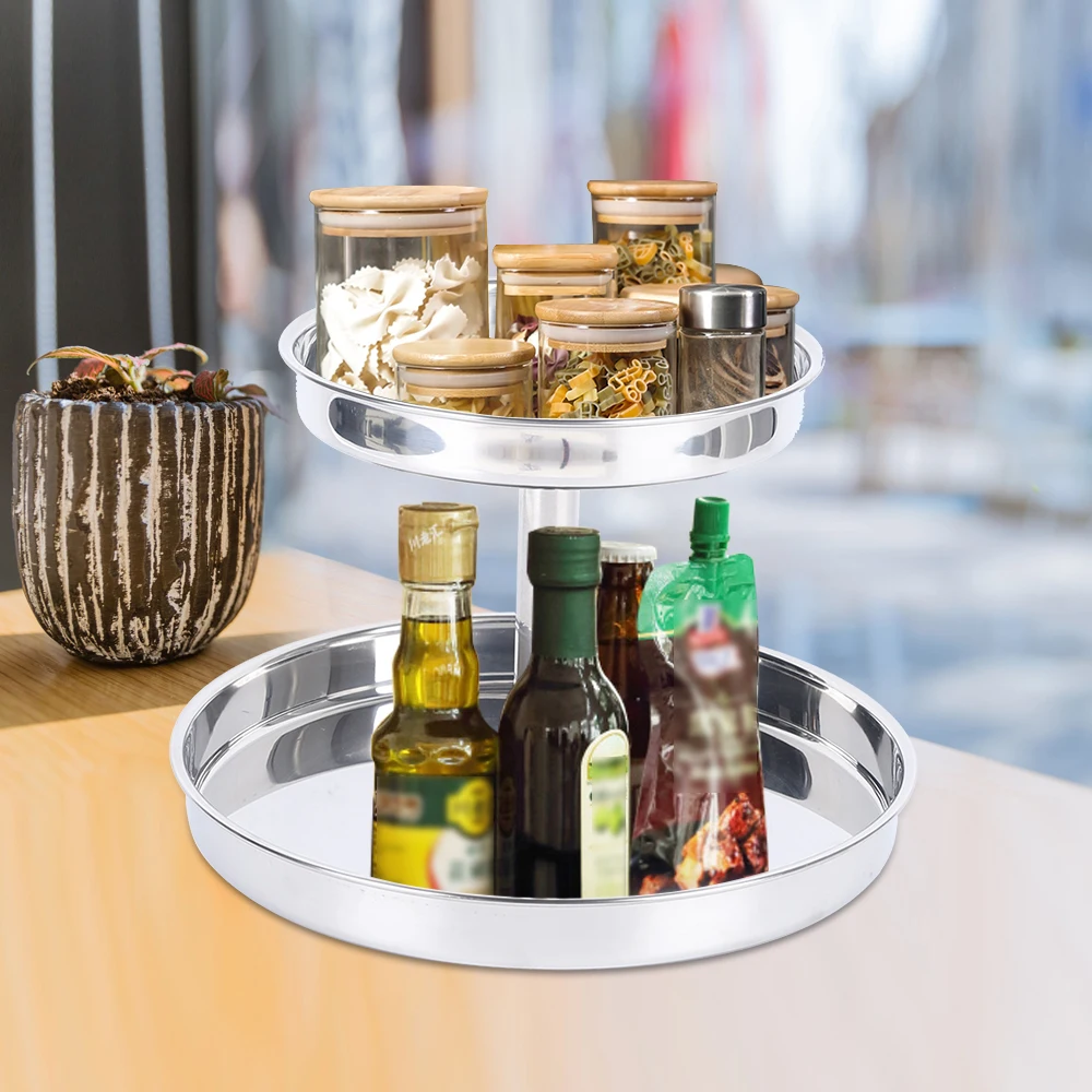 

2 Tier Lazy Susan Turntable Organizer Stainless Steel Pantry Cabinet Turning Table 360 Degree Turntable Spice Rack Tray