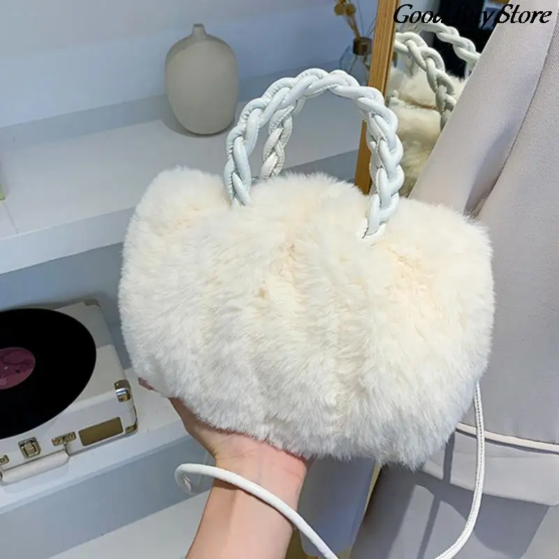 Women Winter Plush Shoulder Bags Evening Party Totes Female Party Underarm Bag Elegant Fluffy Fur Tote Handbag Braid Purses