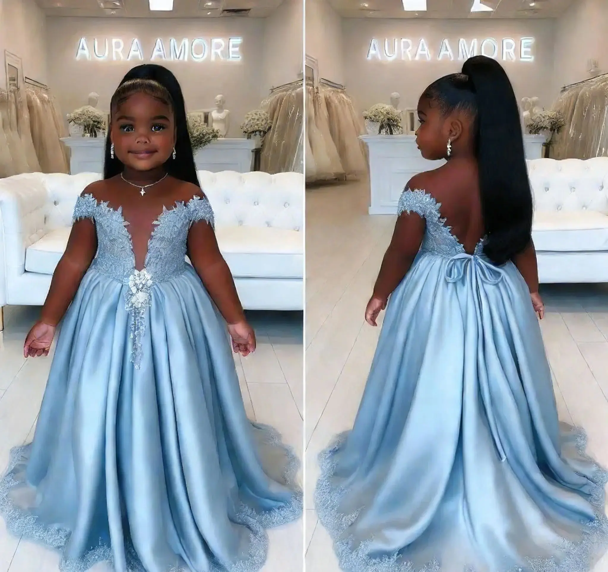 

Customized Blue Satin Flower Girl Dress For Wedding Puffy Lace 3d Applique Floor Lenght Baby Kids Birthday First Communion Gown