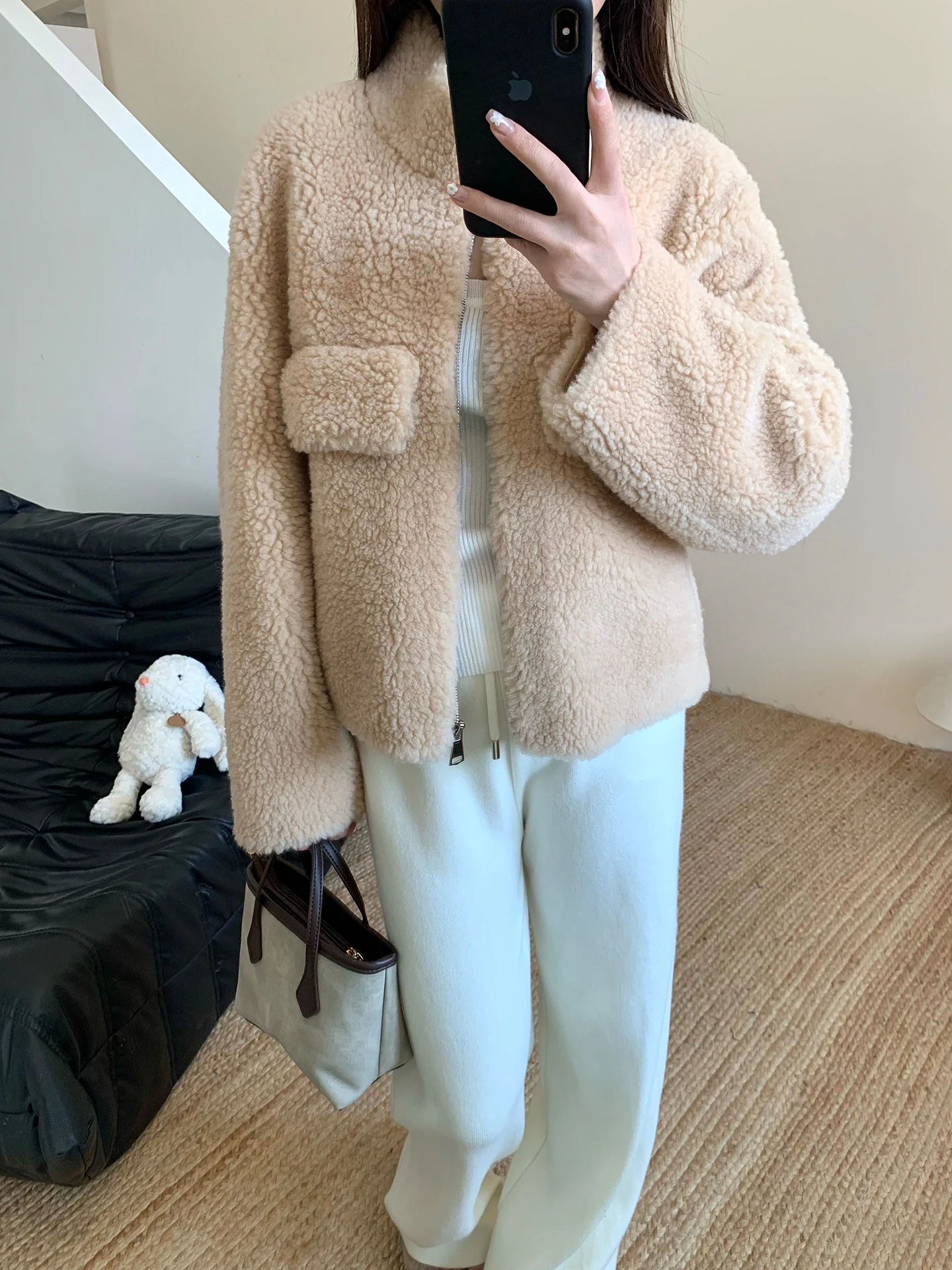 Nova Chegada: Casaco Feminino de Lã Pura com Zíper, Gola Curta e Forro de Pele Integrado para Aquecimento, Confortável, Estilo Jovem, Versão Coreana