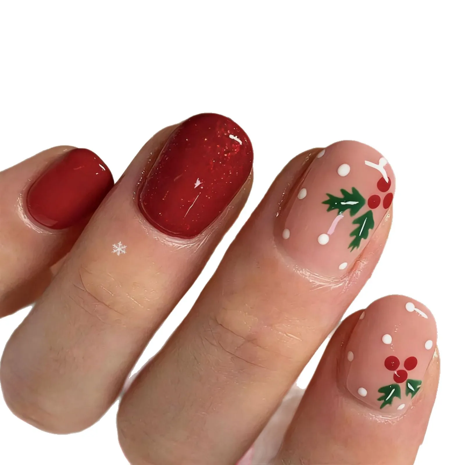 

2026 New Simple Christmas Nail Art - Classic European and American Style - Red Berry Leaf Glitter Short Wearable Nails