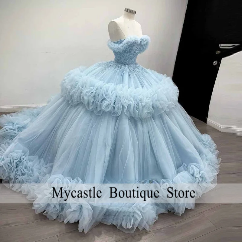 

Очаровательное женское платье Quinceanera с аппликациями и открытыми плечами, бальное платье из тюля с рюшами, Vestido De 15, индивидуальное