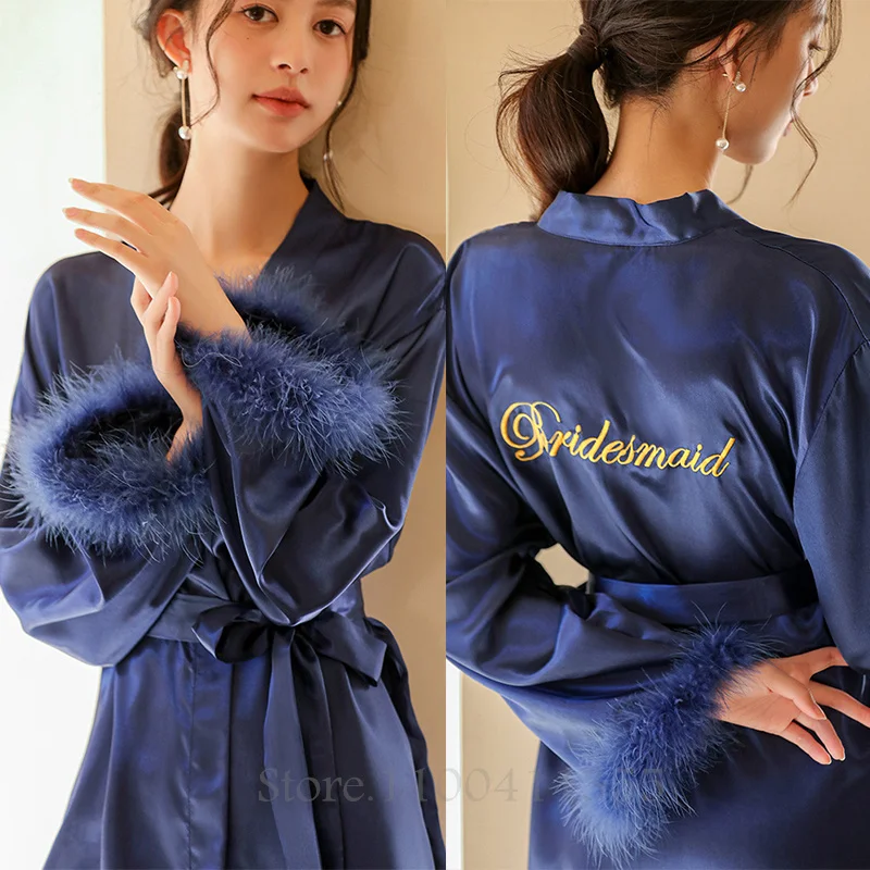 Embroidery Bride Wedding Robe with Feather Women Bathrobe Gown Sleepwear Sexy Satin Nightdress Home Wear Loose Lounge Wear