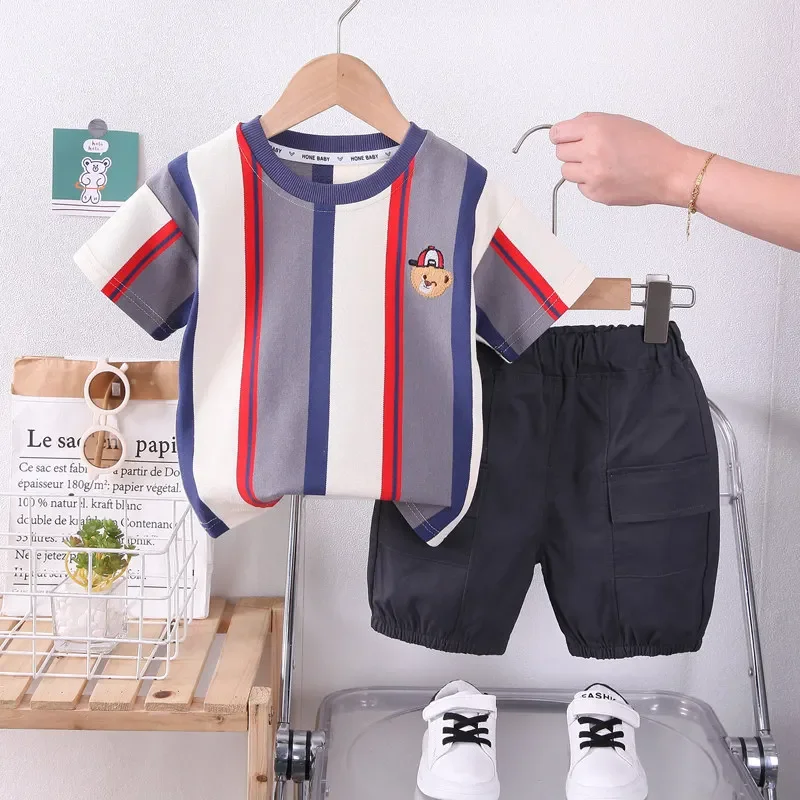 

Summer Children Cotton Kids Boys Girls Clothes Strips T Shirts Shorts 2Pcs/Set Infant Kids Fashion Toddler Tracksuits 0-5 Years