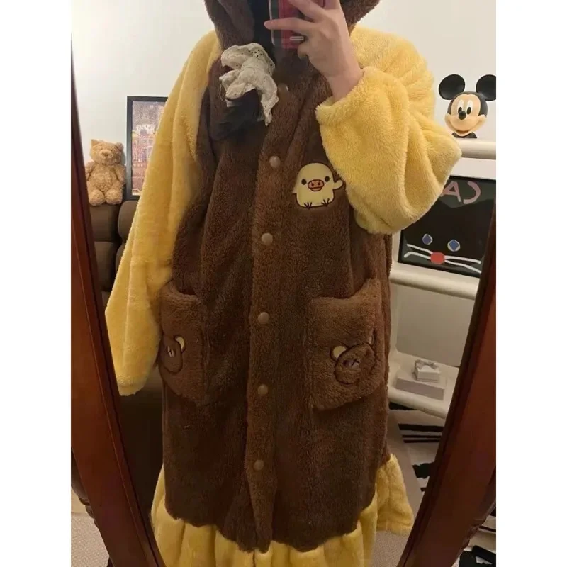 Cute Rilakkuma Pajama SetWinter Warm Fleece Hooded Pajamas Cartoon Plush Women\'s Loungewear Stylish Thickened Couple\'s Pajamas